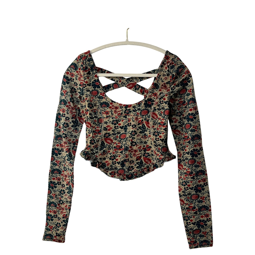 FREE PEOPLE TOP WOMENS XSMALL MELANIE FLORAL LONG SLEEVE STRETCH SHIRT SAND - Picture 5 of 13